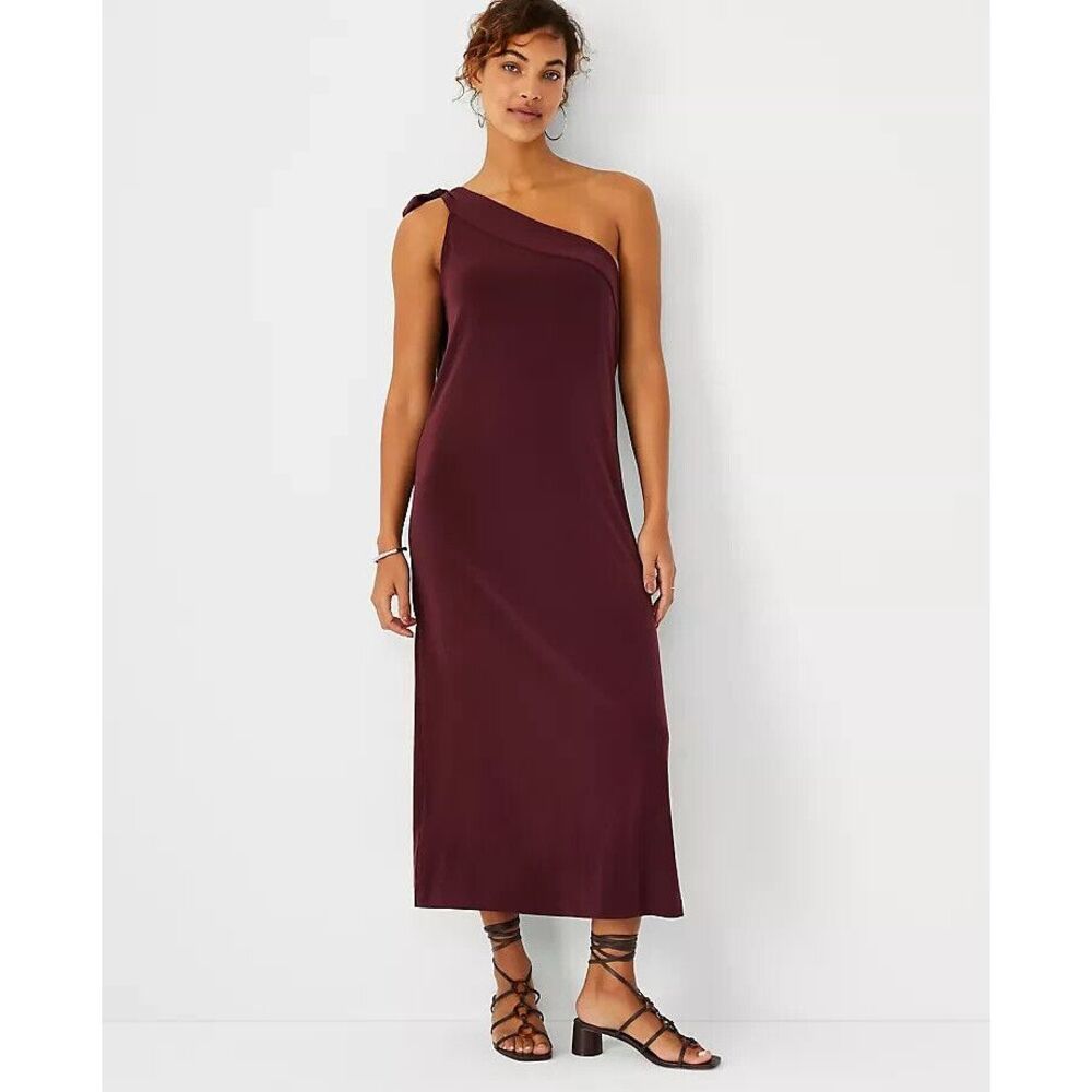 Ann Taylor Dress Womens XS Burgundy Bow One Shoulder Stretch Midi‎ Wedding NWT